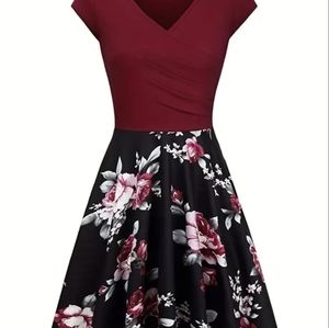 Floral Print V Neck Short Sleeve Dress